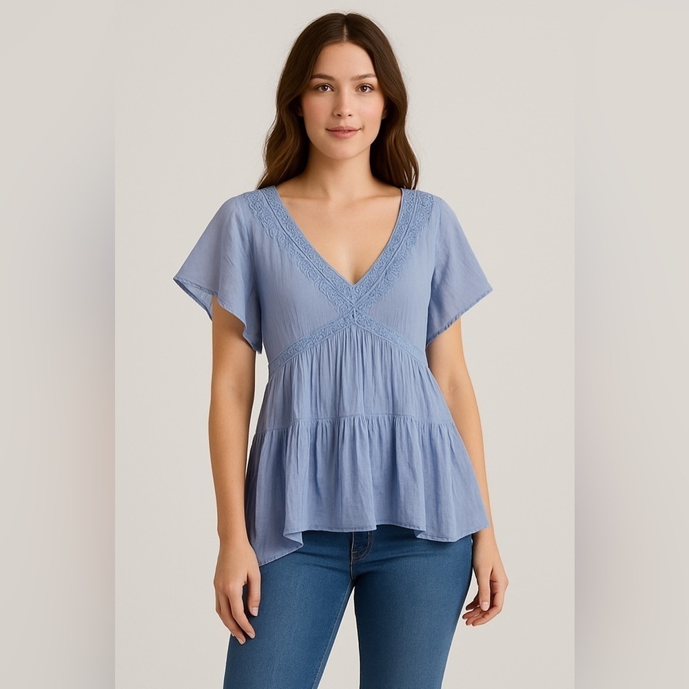 Zara Blue Crochet Embroidered Flutter Sleeve Blouse XS | Sheer Boho Peasant